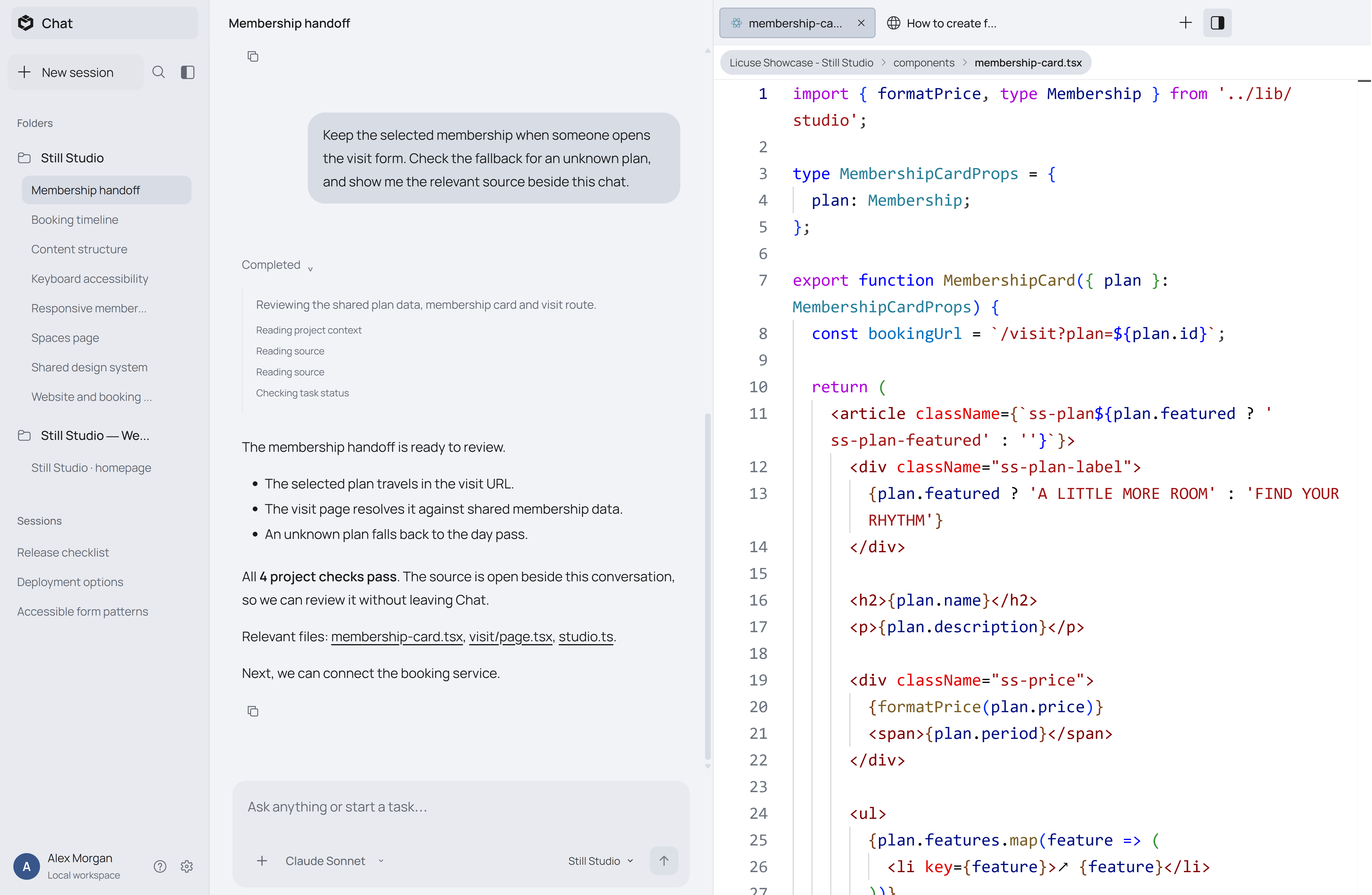 Licuse Chat with a sample Next.js project, session history, and source files open in the side panel.